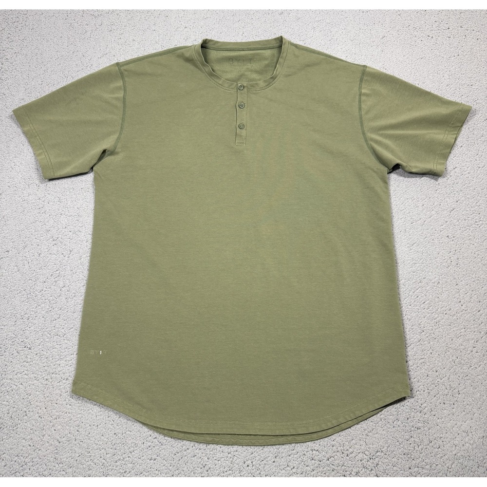 BYLT Drop Cut Henley Shirt Mens XL Green Curved Hem Stretch Tagless Tee Casual